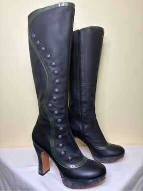 John Fluevog Black Leather Knee High Boots with Olive Trim Size 9.